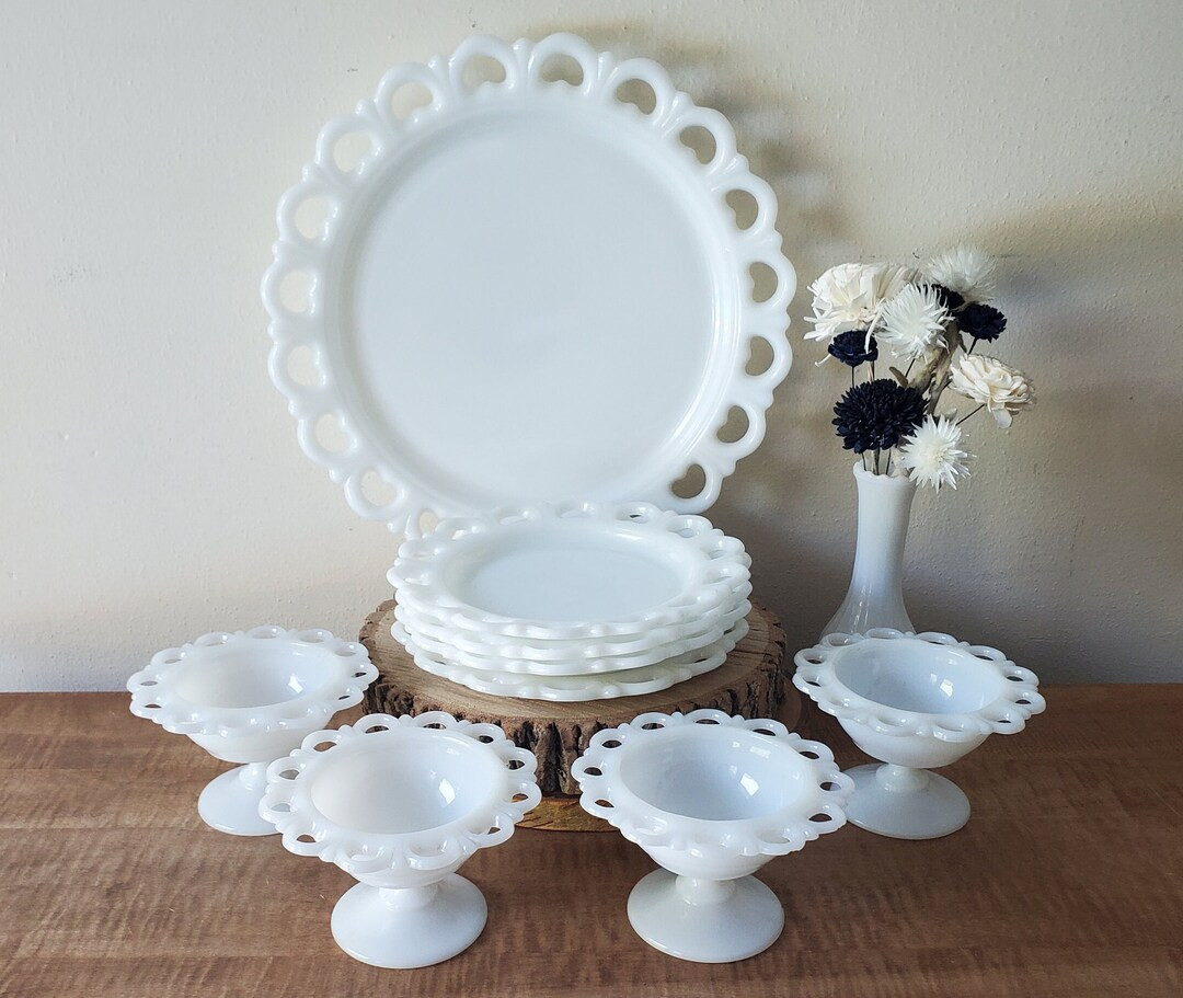 Vintage Snack Sets, Milk Glass Bowls and Plate Set, Open Lace Pedestal Bowl, Dessert Plates, Serv... | Etsy (US)