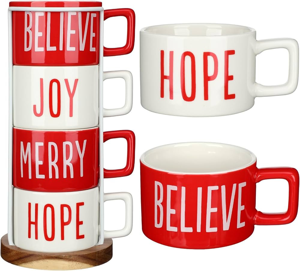 Sliner Set of 4 10 oz Christmas Stackable Large Coffee Mugs with Rack Porcelain Coffee Cups Ceram... | Amazon (US)