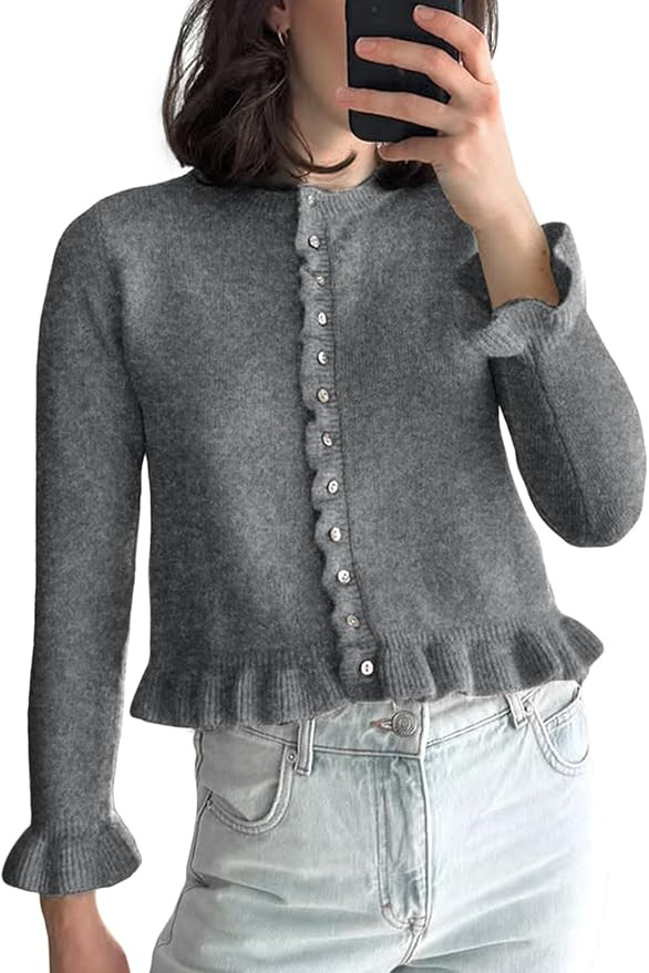 Wyeysyt Womens Cropped Cardigan Sweaters Ruffle Hem Crewneck Button Down Knit Fall Sweater Long S... | Amazon (US)