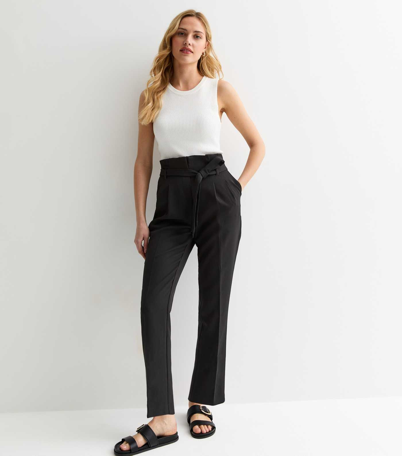 Black High Waist Belted Paperbag Trousers | New Look | New Look (UK)