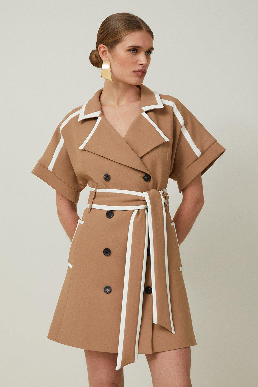 Compact Stretch Tipping Detailed Tailored Mini Dress | Karen Millen US