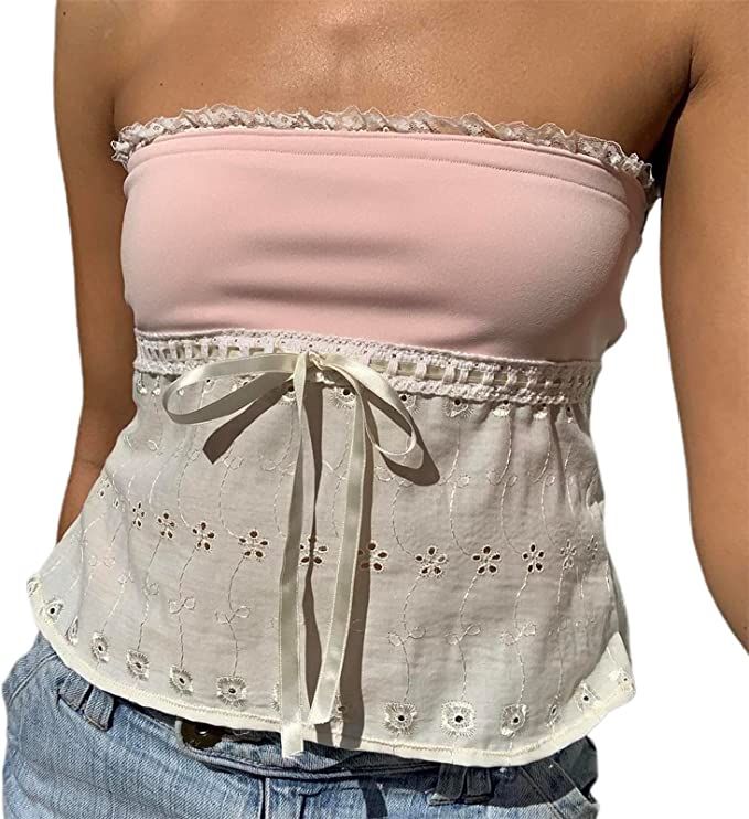 Y2k Fashion Tube Tops for Women Floral Lace Strapless Sheer Mesh Crop Top Sexy Camisole Boho Band... | Amazon (US)