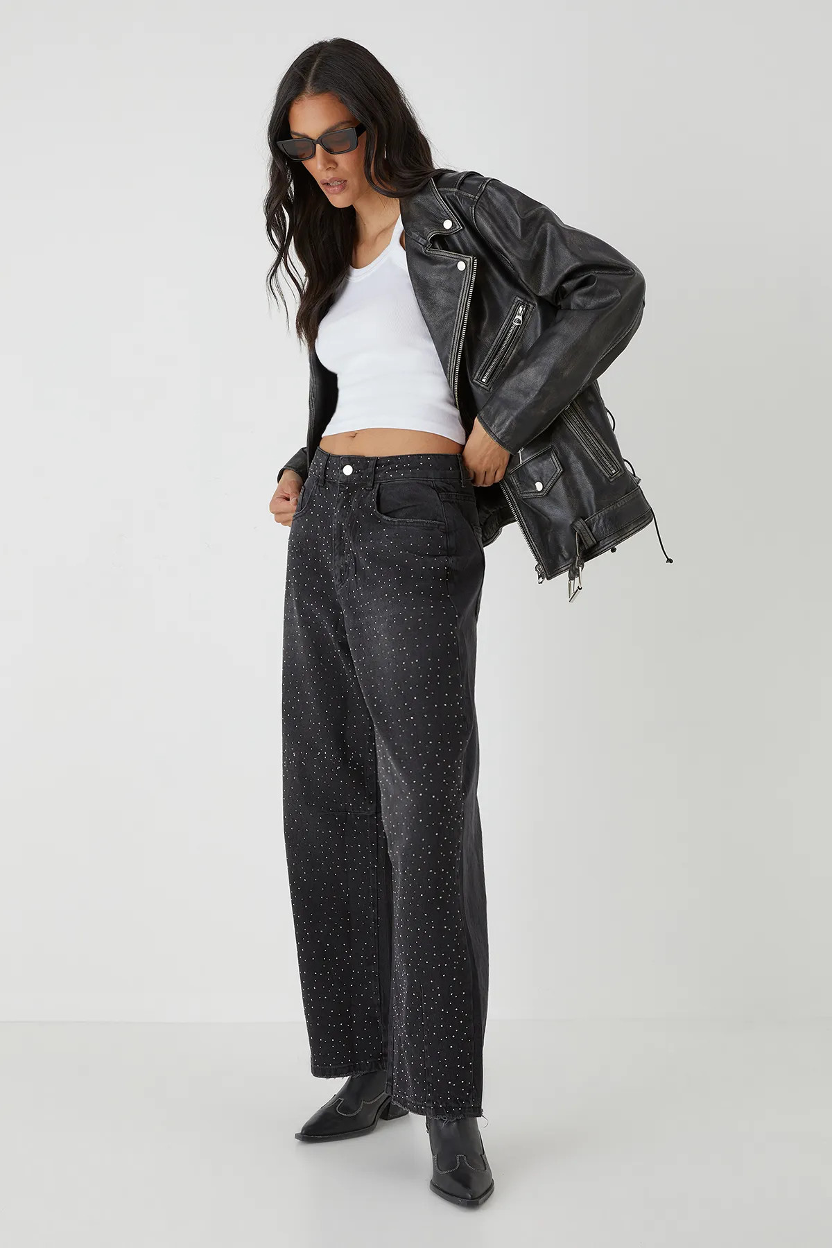 Jeans | Hot Fix Embellished Denim Barrel Leg Jeans | MissPap | Miss Pap UK