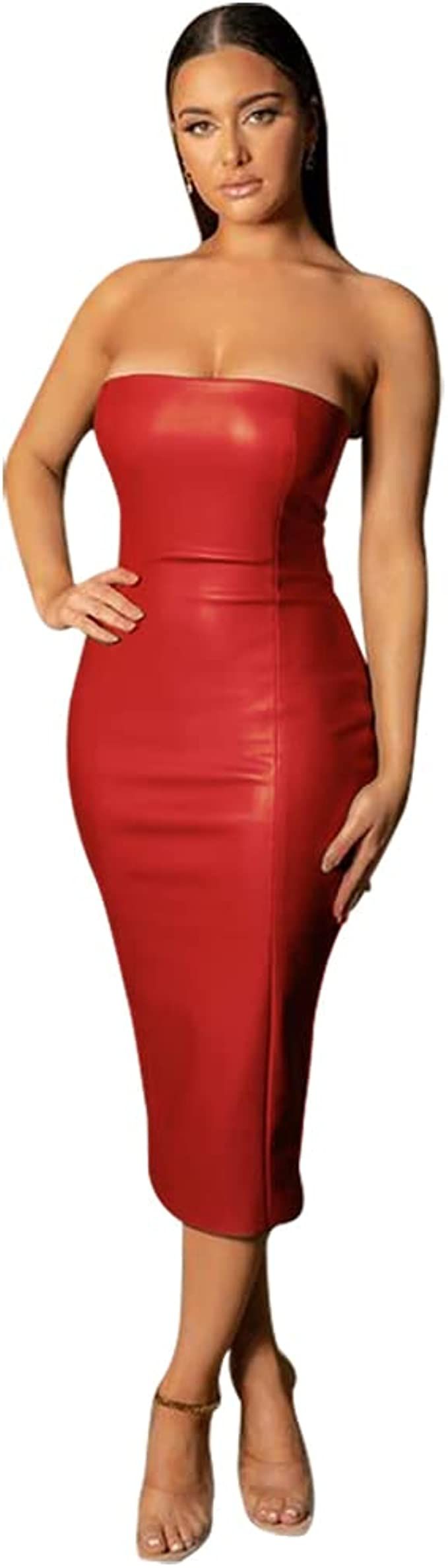 XLLAIS Women Sexy Strapless Tube Top Midi Dress Off Shoulder Bodycon Sexy Party Faux Leather Dres... | Amazon (US)