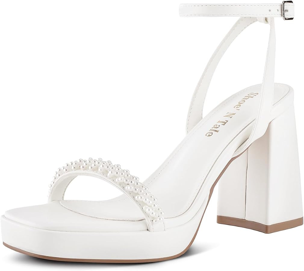 Shoe'N Tale Platform Pearl Heels for Women Strappy Block Chunky Heels Square Toe Sandals | Amazon (US)