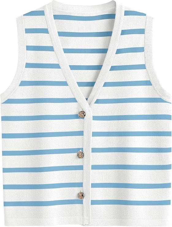 LILLUSORY Vest Tops for Women Striped Sweater Vest 2025 Spring Crochet Cropped Button Up Work Tan... | Amazon (US)