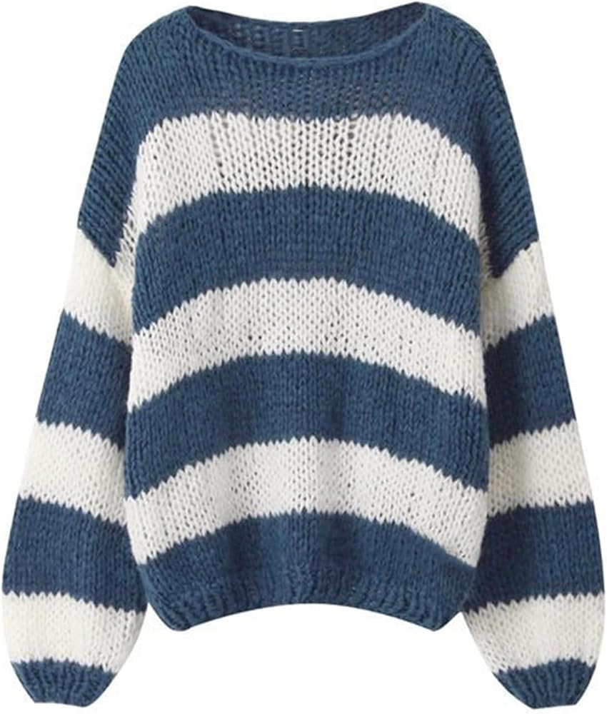Oversized Sweaters for Women Color Block Striped Sweaters Y2K Crewneck Long Sleeve Knit Sweater | Amazon (US)