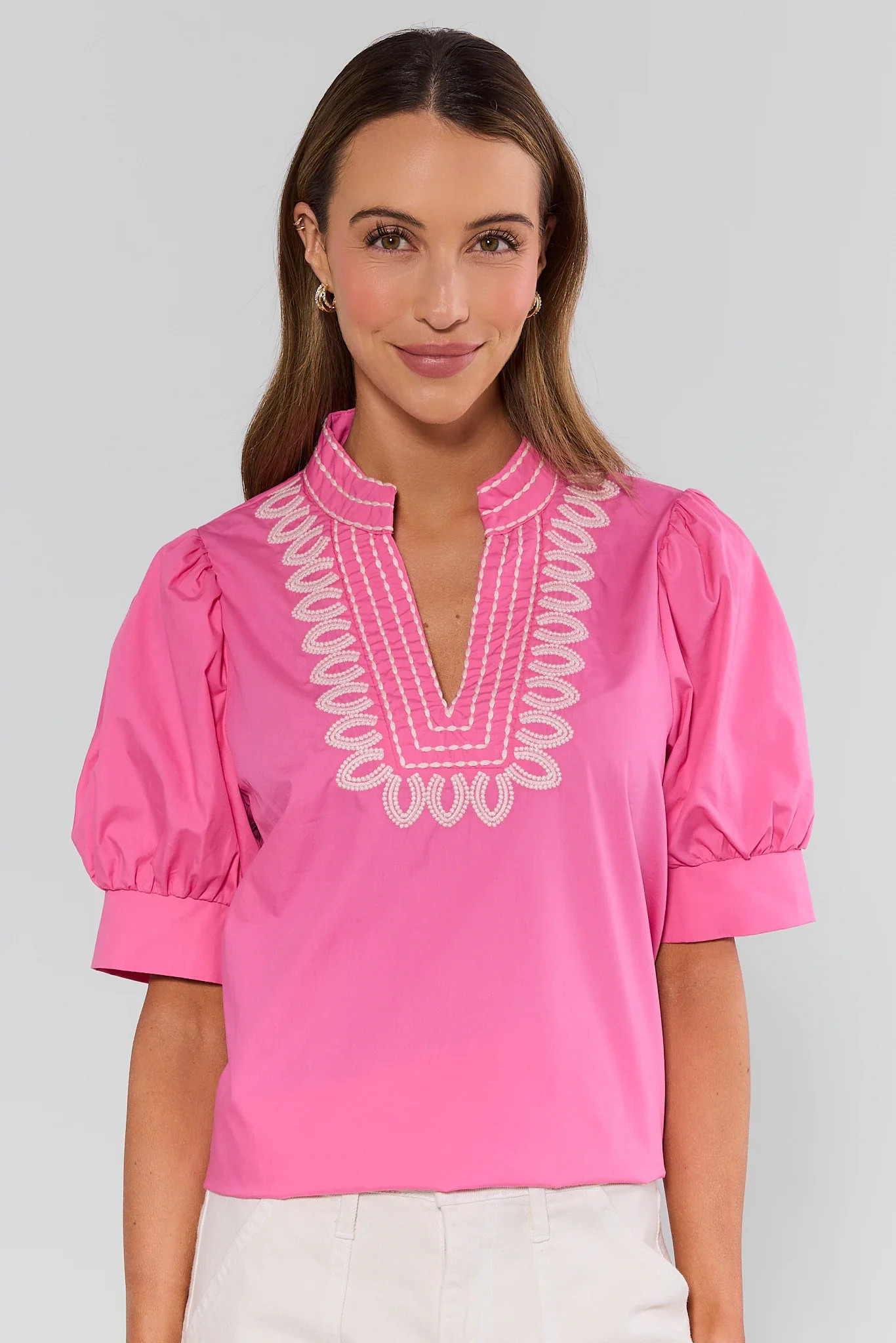 Lilith Pink Embroidered Puff Sleeve Top | Avara