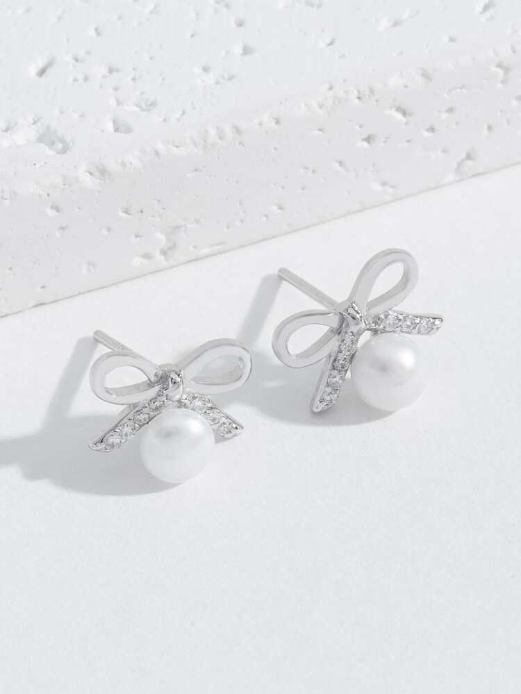 New
     
      Cubic Zirconia & Cultured Pearl Decor Bow Design Silver Stud Earrings | SHEIN