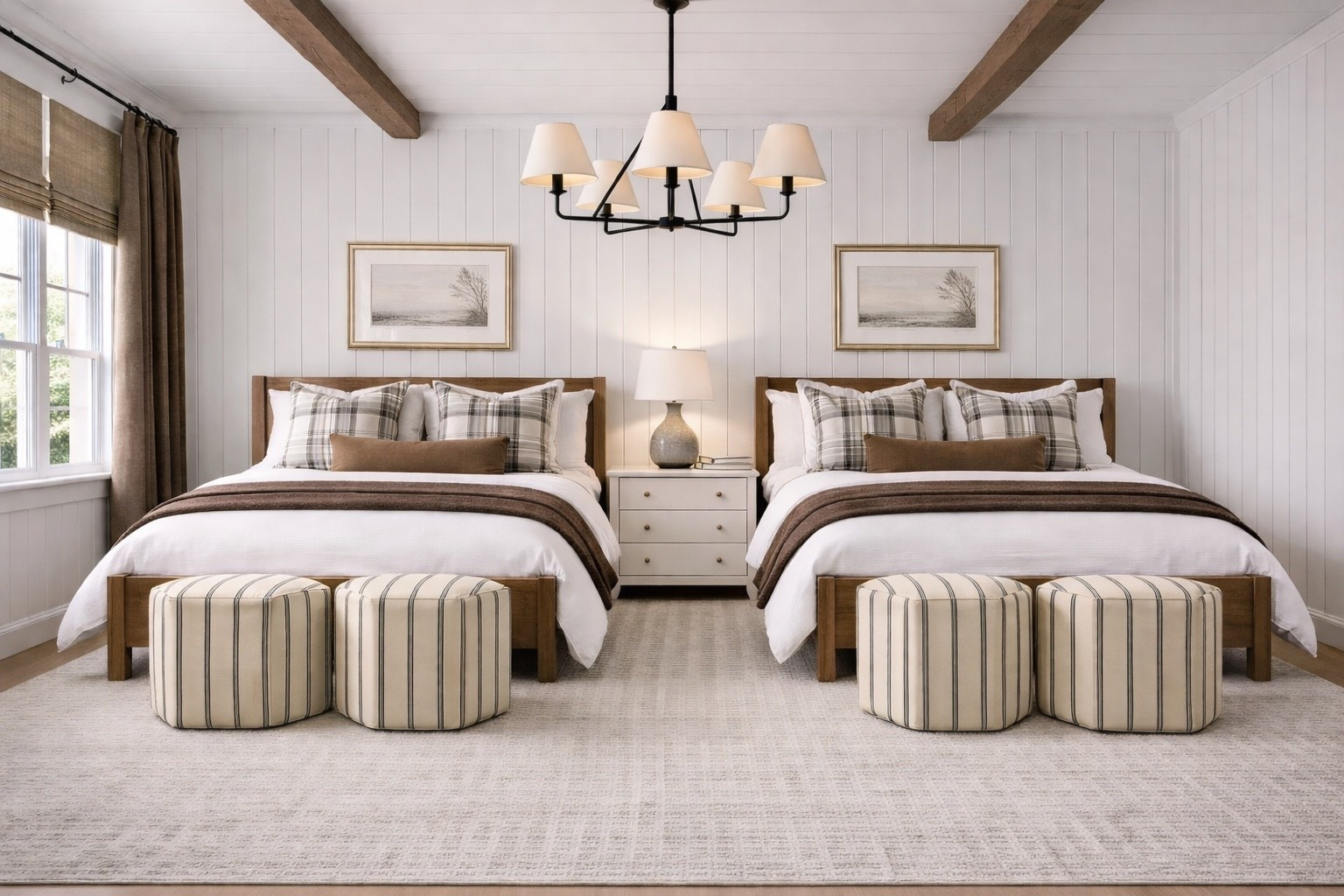 Warm Neutral Bedroom ✨
This inviting bedroom features cozy symmetrical beds with layered neutral bedding, plaid pillows, and warm brown accents. A soft textured rug, striped ottomans, and matching framed artwork create balance and calm. A perfect blend of modern farmhouse, neutral décor, and classic cozy style. You can find all the links and multiple options below to create this look in your home. 

#LTKHome