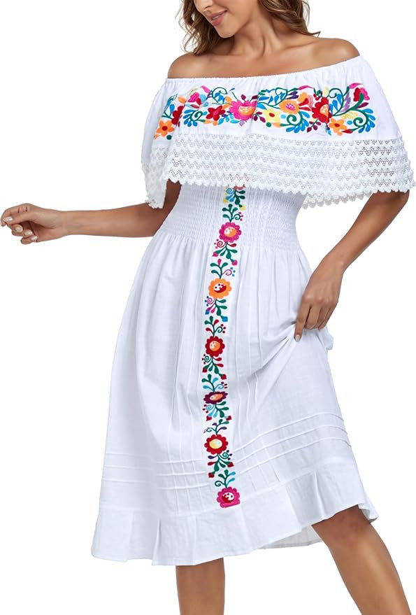 YZXDORWJ Mexican Dress for Women Embroidered Off-Shoulder Lace Dress Fiesta Mexico Boho Floral Dr... | Amazon (US)