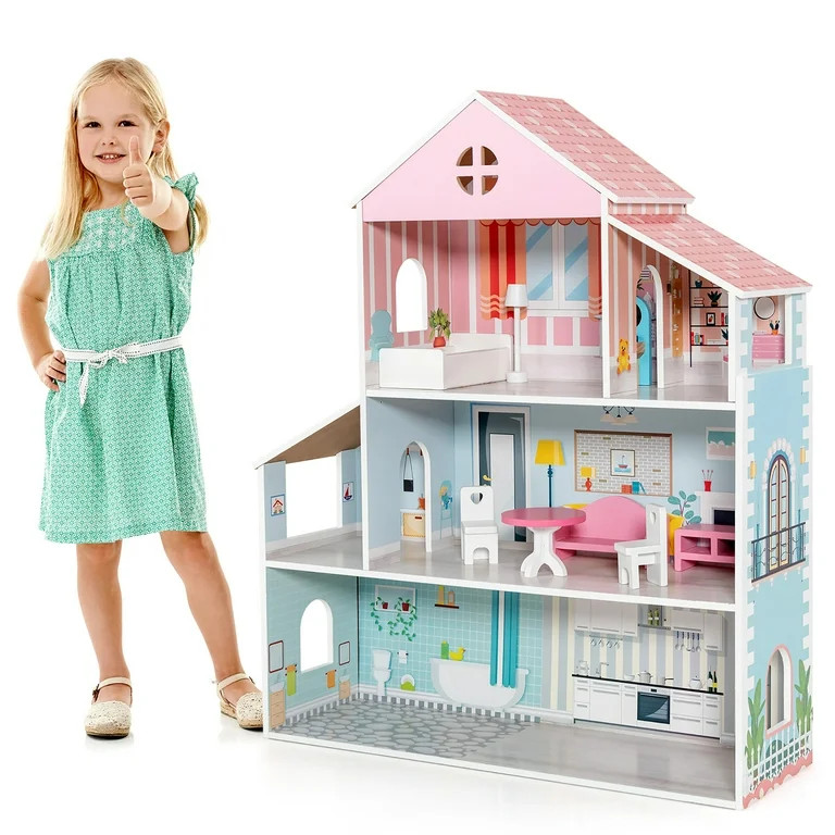 Costway Wooden Dollhouse For Kids 3-Tier Toddler Doll House W/Furniture Gift For Age 3+ | Walmart (US)