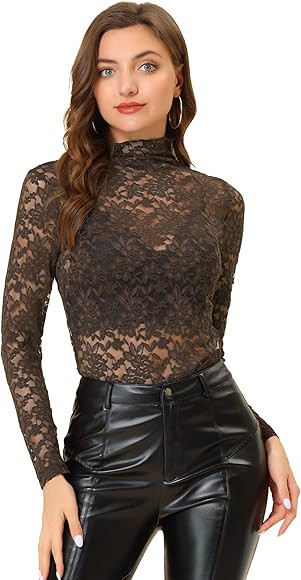 Allegra K Women's See Through Long Sleeve Turtleneck Sheer Floral Lace Blouse Top | Amazon (US)