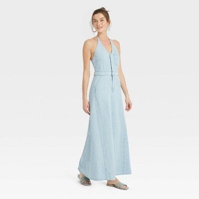 Women's Halter Neck Denim Maxi Dress - Universal Thread™ Blue 16 | Target