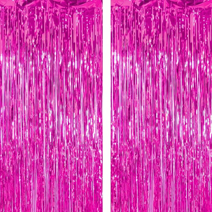 2 Pack Thickened Hot Pink Metallic Foil Fringe Curtains Streamer Rip Resistant Shimmer Tinsel Pho... | Amazon (US)