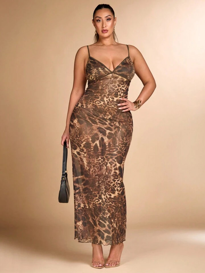 SHEIN BAE Plus Size Women Sexy Sheer Leopard Print Dress Spaghetti Strap Vacation Dress | SHEIN