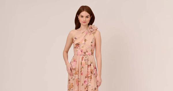 Metallic Floral-Print Chiffon One-Shoulder Long Fit-And-Flare Gown In Champagne Multi | Adrianna Papell