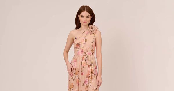 Metallic Floral-Print Chiffon One-Shoulder Long Fit-And-Flare Gown In Champagne Multi | Adrianna Papell