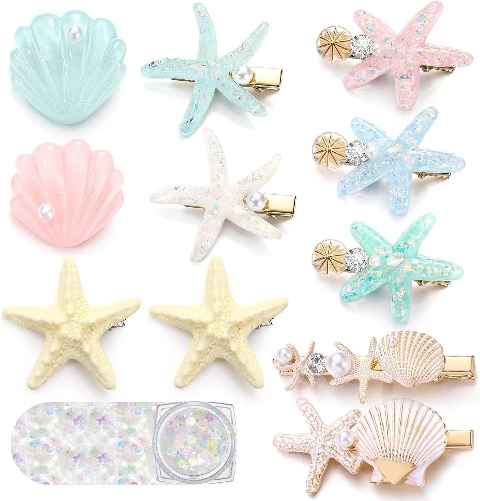 12 Pcs Artificial Pearl Starfish Seashell Hair Clip with Face Glitter | Amazon (US)