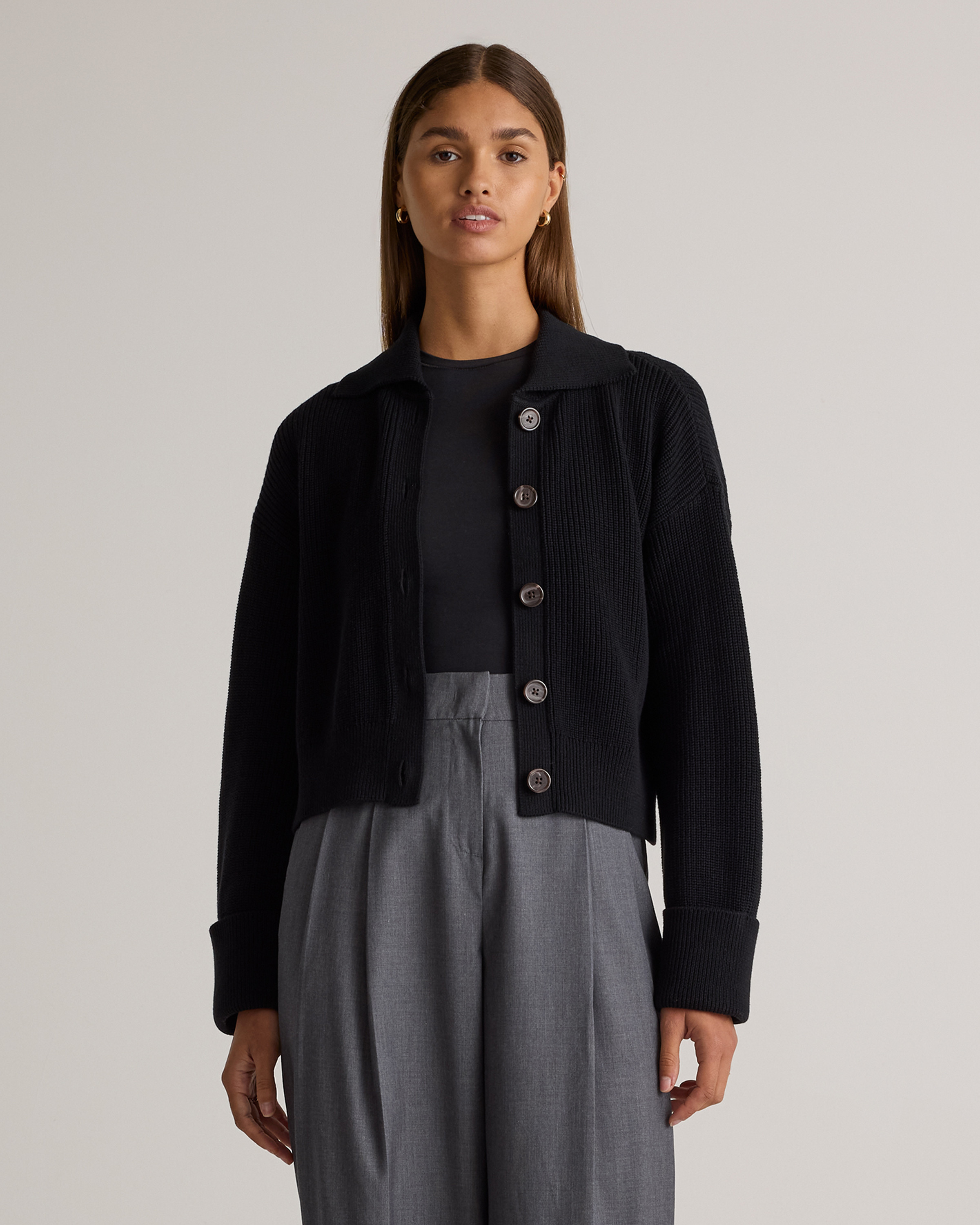 Quince | Women's Fisherman Collared Cardigan Sweater in Black, Size Medium, Organic Cotton | Quince