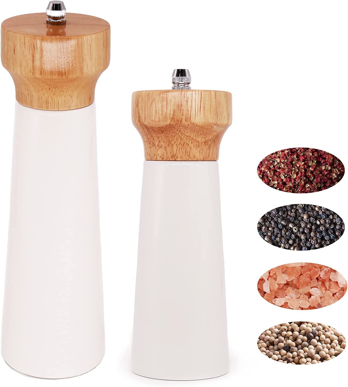 White Salt Grinder Wooden Pepper 8"+6" Salt Grinder Set Pepper Mill Salt & Pepper Shakers - Stain... | Amazon (US)