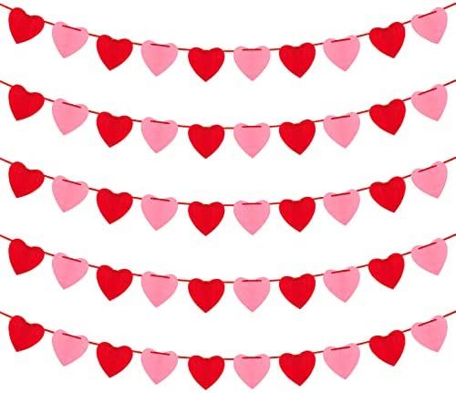 Felt Heart Garland for Valentines Day Decor - 50 PCS Pink & Red Hanging String Hearts - NO DIY - ... | Amazon (US)