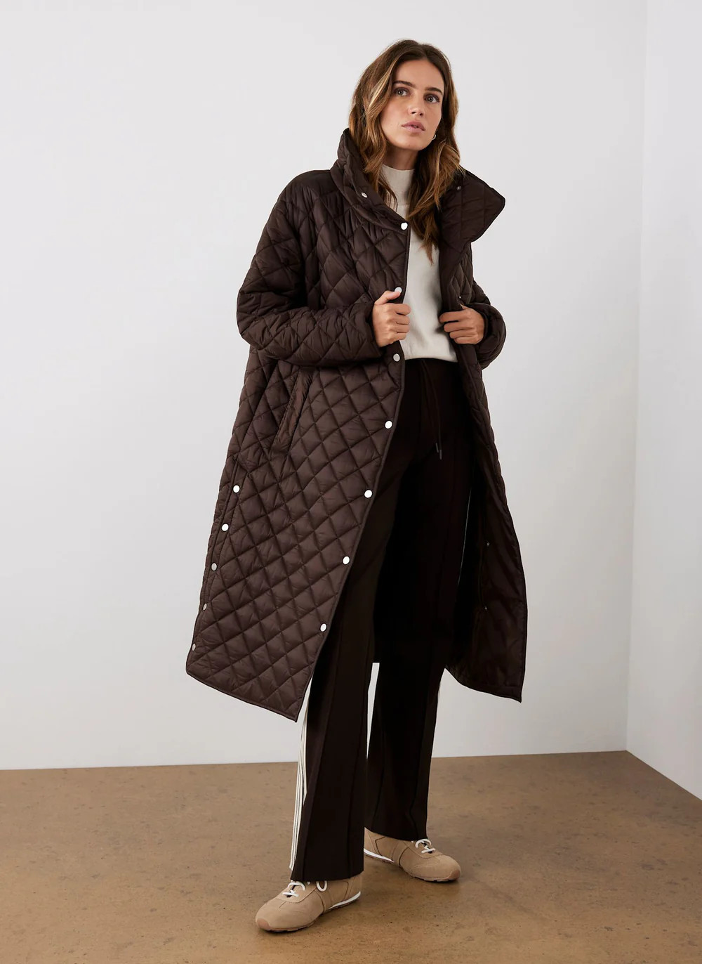 Brown Quilted Funnel Neck Coat | Mint Velvet
