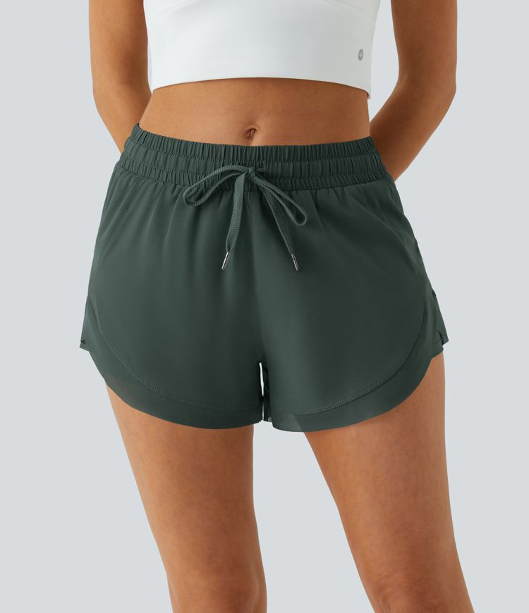 Women’s Mid Rise Drawstring Contrast Mesh 2-in-1 Flowy Running Shorts 3'' - Halara | HALARA