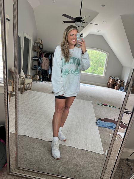 This sweatshirt is soooo soft & comfy!!! Sized up 2 to the XL for a very oversized & comfy fit. 10/10. Code MORGAN for 29% off. 🫶🏼 
Wearing it w my fav bike shorts. Buttery soft - better than Lulu align. No front seam & v seam lifts booty 🍑 10/10 TTS - M 5” 
Fav white sneakers - affordable & prime  

#LTKunder50 #LTKFind #LTKsalealert