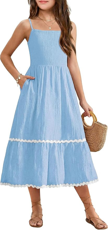 Arshiner Girls Spaghetti Strap Dress Tiered Cami Maxi Sundress with Pockets | Amazon (US)