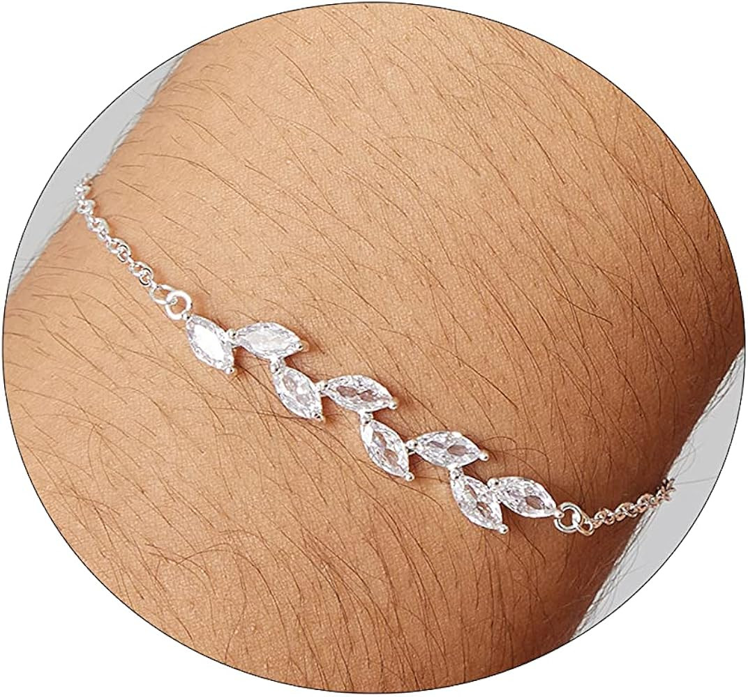 BERISO Dainty Bracelets for Women 14k Gold Silver Plated Multi-Color Tiny Cubic Zirconia Leaf Bra... | Amazon (US)