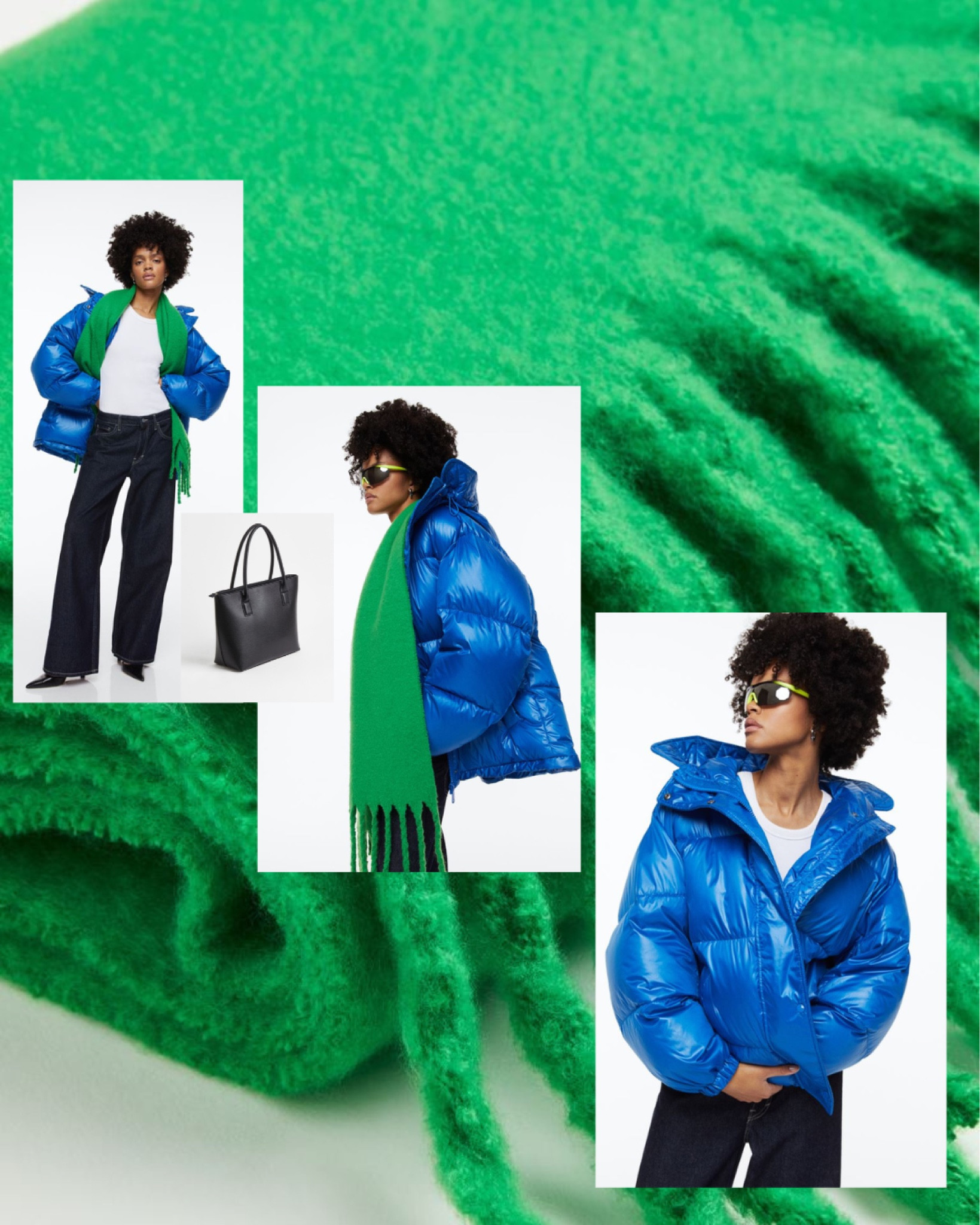 Short blue puffer coat , jacket, winter outfit, warm long scarf, leather black bag , electric blue , green, H&M

#LTKCyberweek #LTKstyletip #LTKunder100