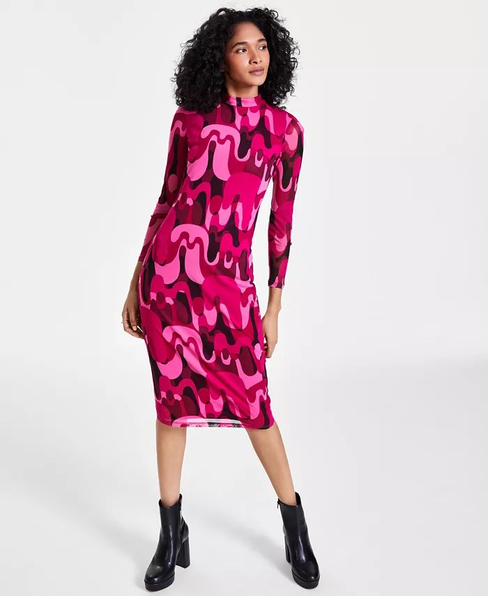 Women's Printed Mesh Mock Neck Midi Dress, Created for Macy's | Macy's