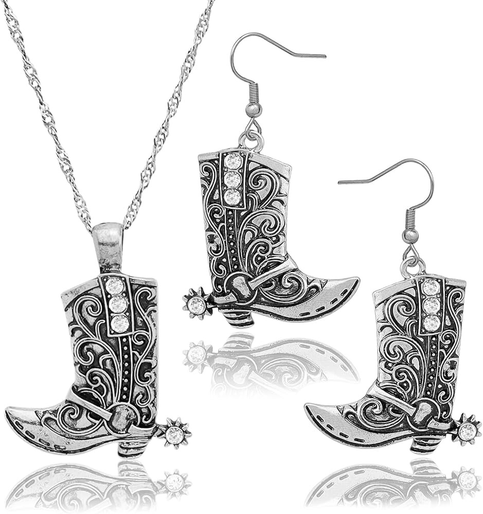 RechicGu Western West Cowgirl Cowboy Texas Boots Earrings Necklace Set, Spur Rodeo Drop Dangle Bo... | Amazon (US)