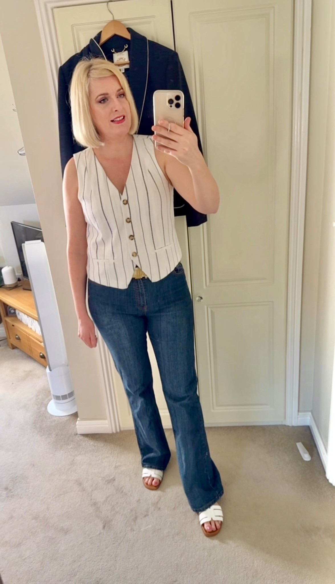 Hi everyone! From my try on today on instagram stories we have a lovely stripe white &amp; blue waistcoat. Other matching items available such as shorts, trousers &amp; a blazer to make a coord or suit. Nice casual chic style for work for summer. 

Peacocks fashion, U.K. blogger, over 40. Midsize, tall. 


#LTKuk #LTKstyletip #LTKsummer