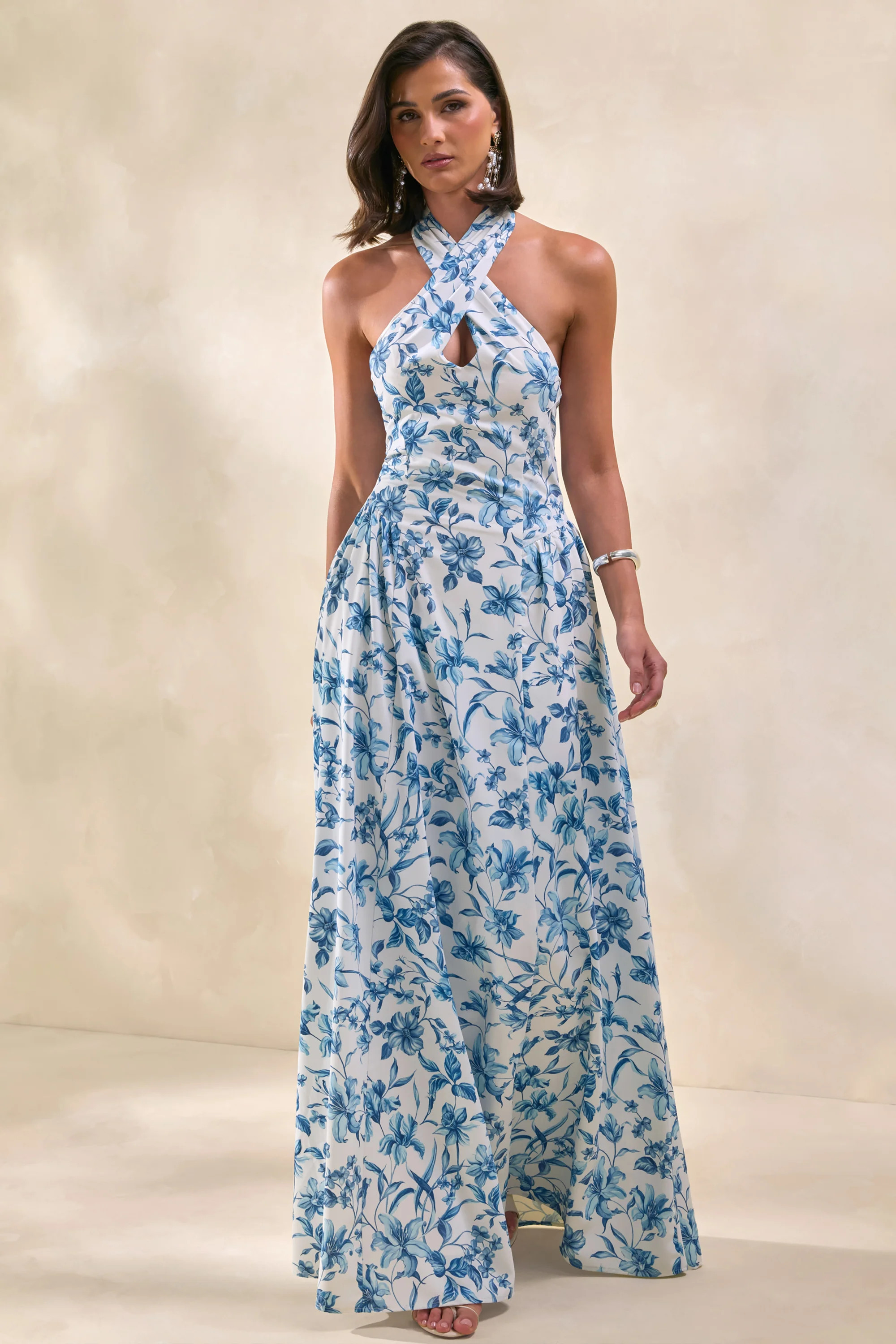 Liana | Blue Porcelain Print Halter-Neck Maxi Dress | Club L London