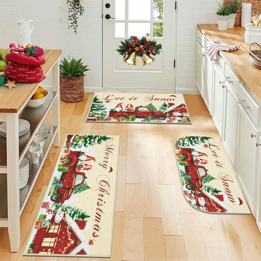 U'Artlines Christmas Kitchen Rug and Mat Set of 3, Non Skid Merry Christmas Tree Truck Gnome Kitc... | Amazon (US)