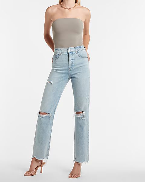 Super High Waisted Ripped Raw Hem Modern Straight Jeans | Express