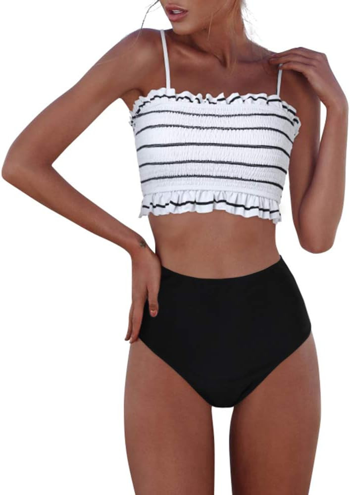 Womens Shirred Bandeau Bikini Cute Two Piece Swimsuit Off Shoulder High Waist Bathing Suit | Amazon (US)