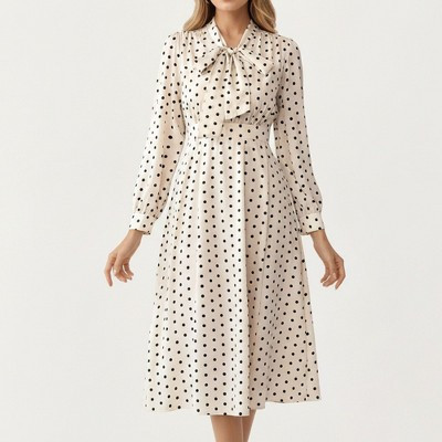 Anna-Kaci Women's Polka Dot Long Sleeve Dress with Bow Tie Neckline - White | Target