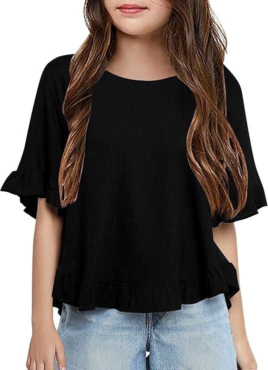 Womens Short Ruffle Sleeve Shirts Crewneck Loose Fit Summer Flowy Basic Blouse Tees Soft Casual E... | Amazon (US)