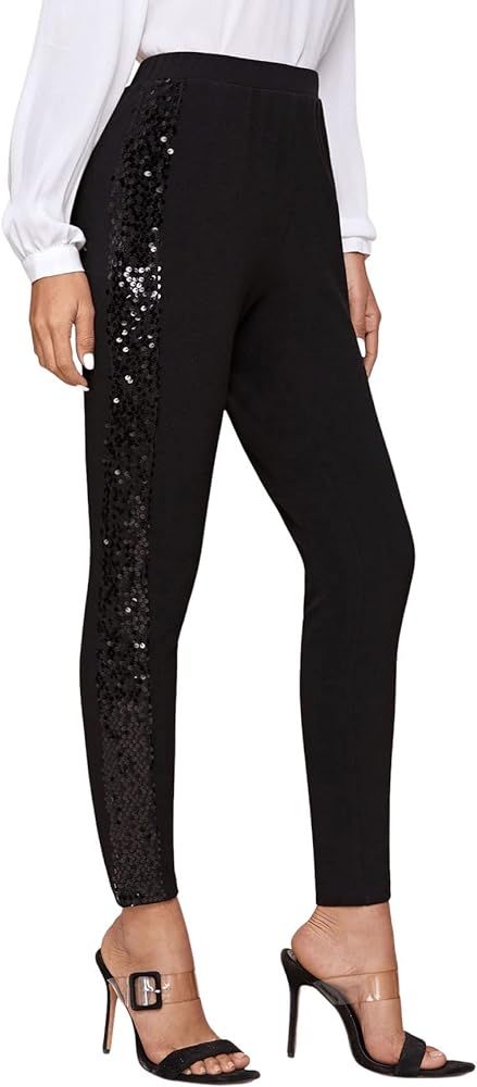 SweatyRocks Women's Elegant High Elastic Waist Sequins Pants Solid Skinny Cropped Pants | Amazon (US)