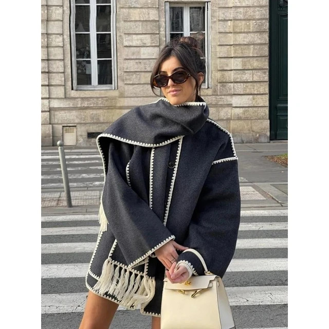 Manteau Élégant avec Écharpe pour Femme, Veste à Manches sulf, Poche, Simple Boutonnage, Comb... | Aliexpress EU