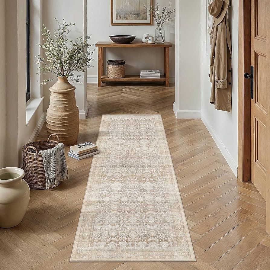 2x6 Beige Washable Floral Hallway Runner Rug Kitchen Vintage Low Pile Non Slip Area Rug Soft Stai... | Amazon (US)