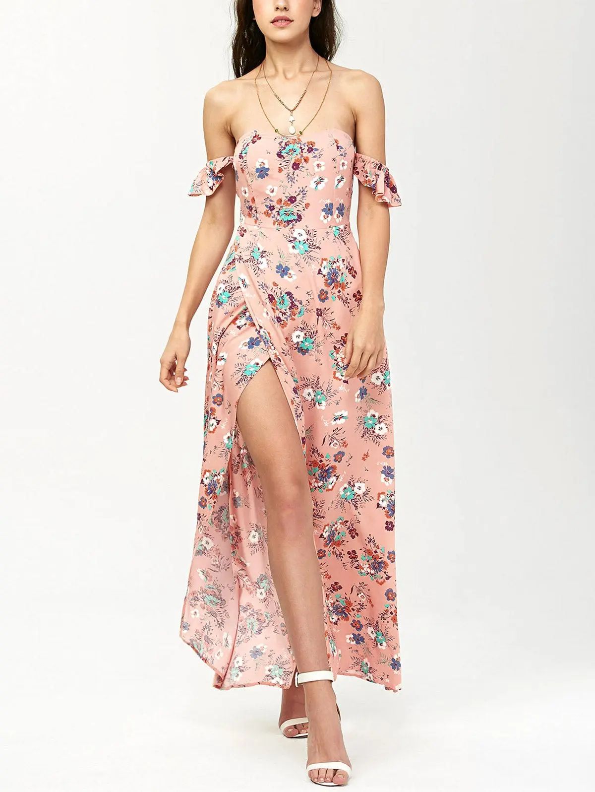 Off The Shoulder Floral Maxi Slit Dress | Rosegal US