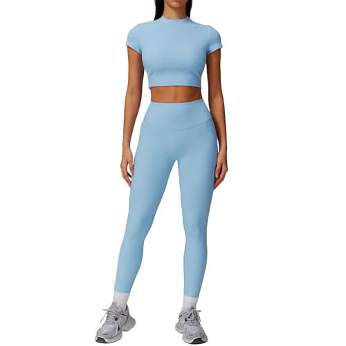 Women’s 2 Piece Workout Set – Short Sleeve Crop Top & High Waist Leggings – Yoga Outfit Activewear for Gym, Running & Training | Amazon (US)