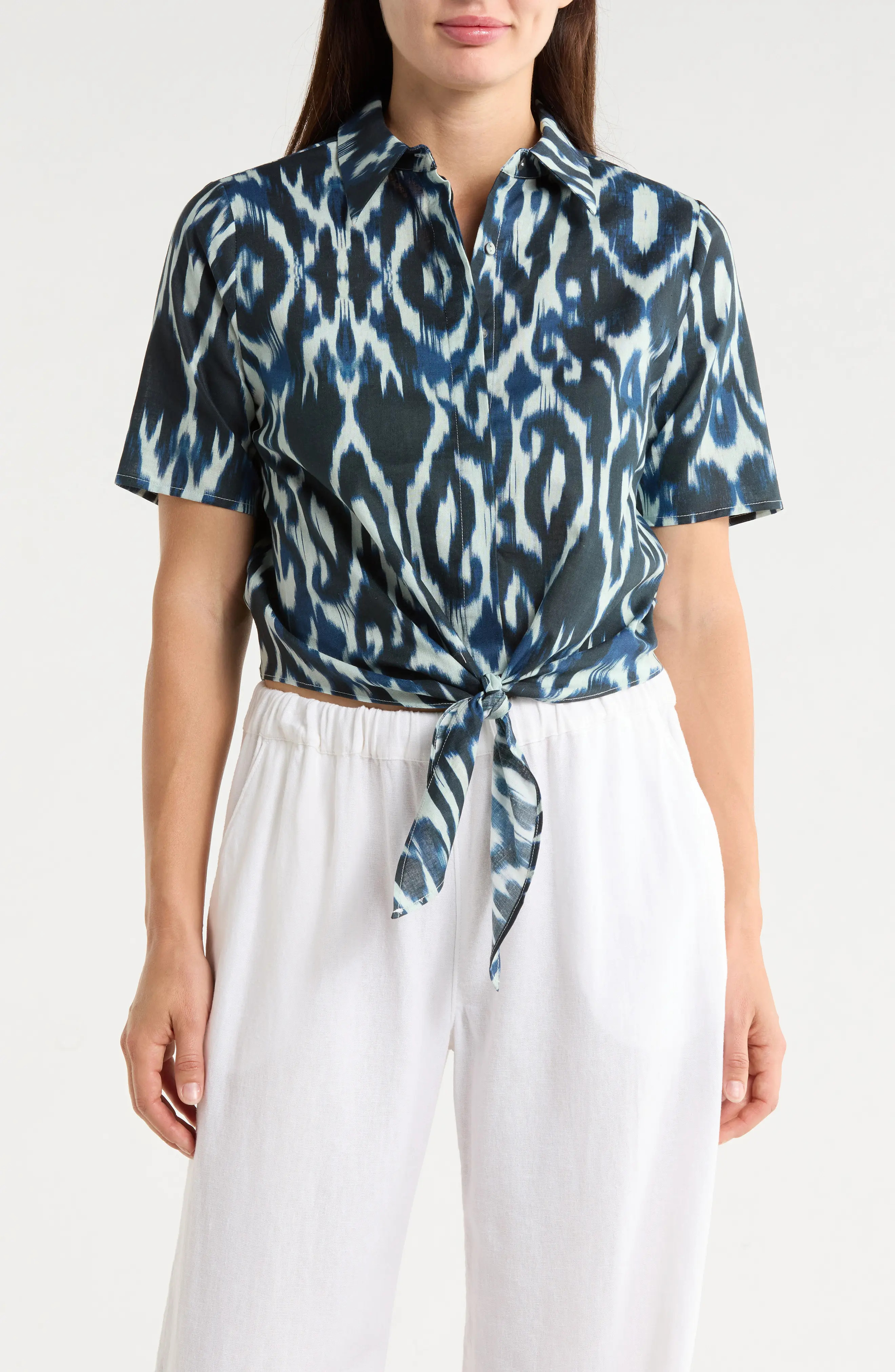Short Sleeve Tie Front Cotton & Linen Crop Shirt (Women) | Nordstromrack | Nordstrom Rack