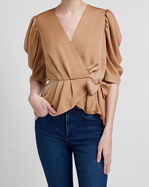 Puff Sleeve Wrap Front Top | Express