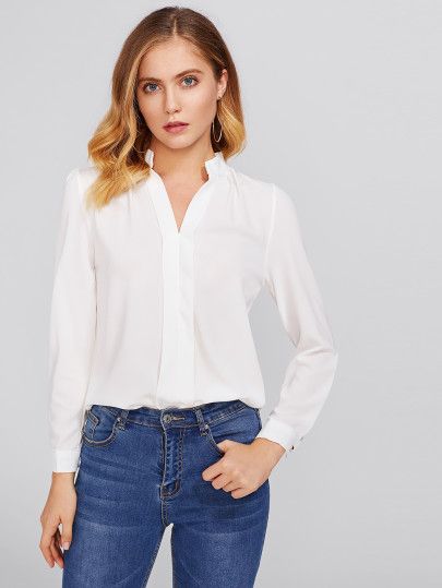 Stand Neck Pleated Detail Chiffon Shirt | SHEIN