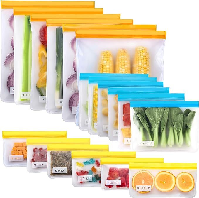 KITHELP 18 Packs Reusable Storage Bags BPA FREE, Reusable Sandwich Bags Leak-proof Freezer Bags, ... | Amazon (US)